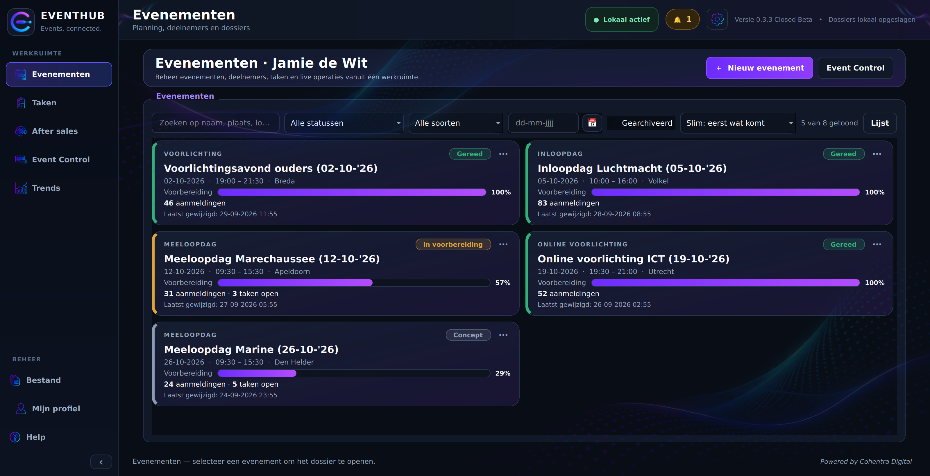 De EventHub-evenementenlijst met filters, statussen en voortgangsbalken