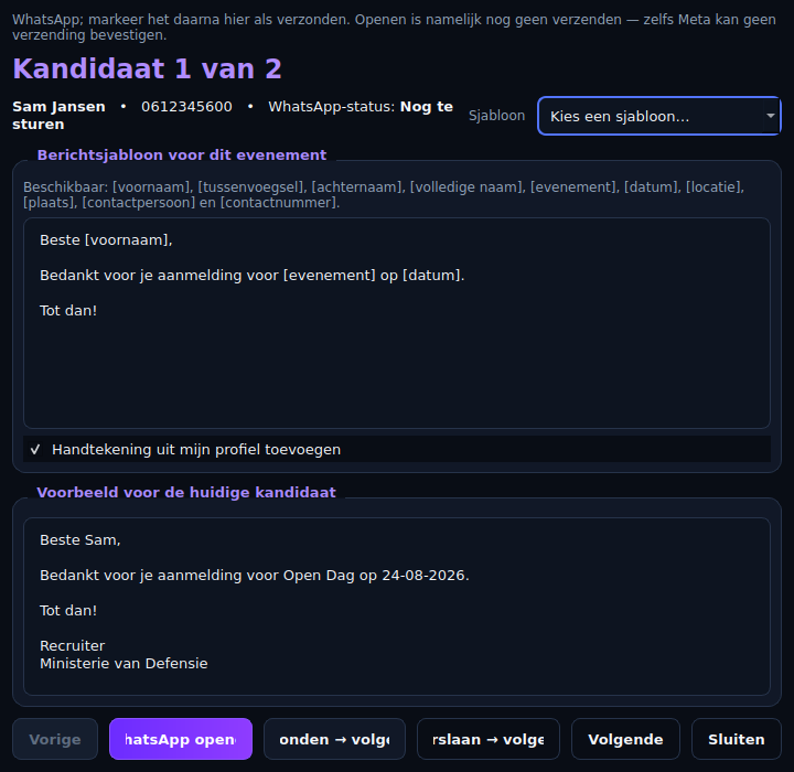 EventHub toont een berichtvoorbeeld voor de opvolging van een deelnemer