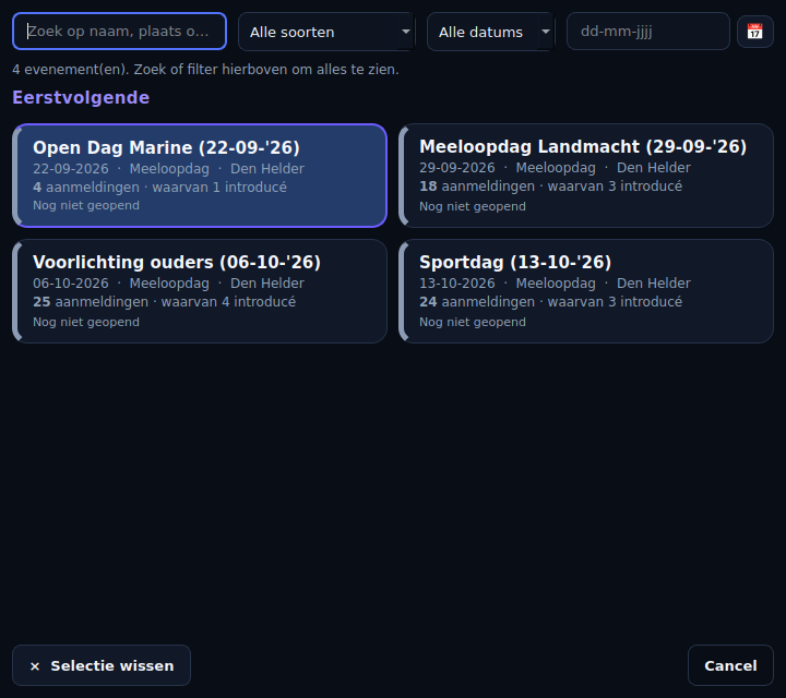 Het EventHub-keuzescherm om snel een evenement te selecteren