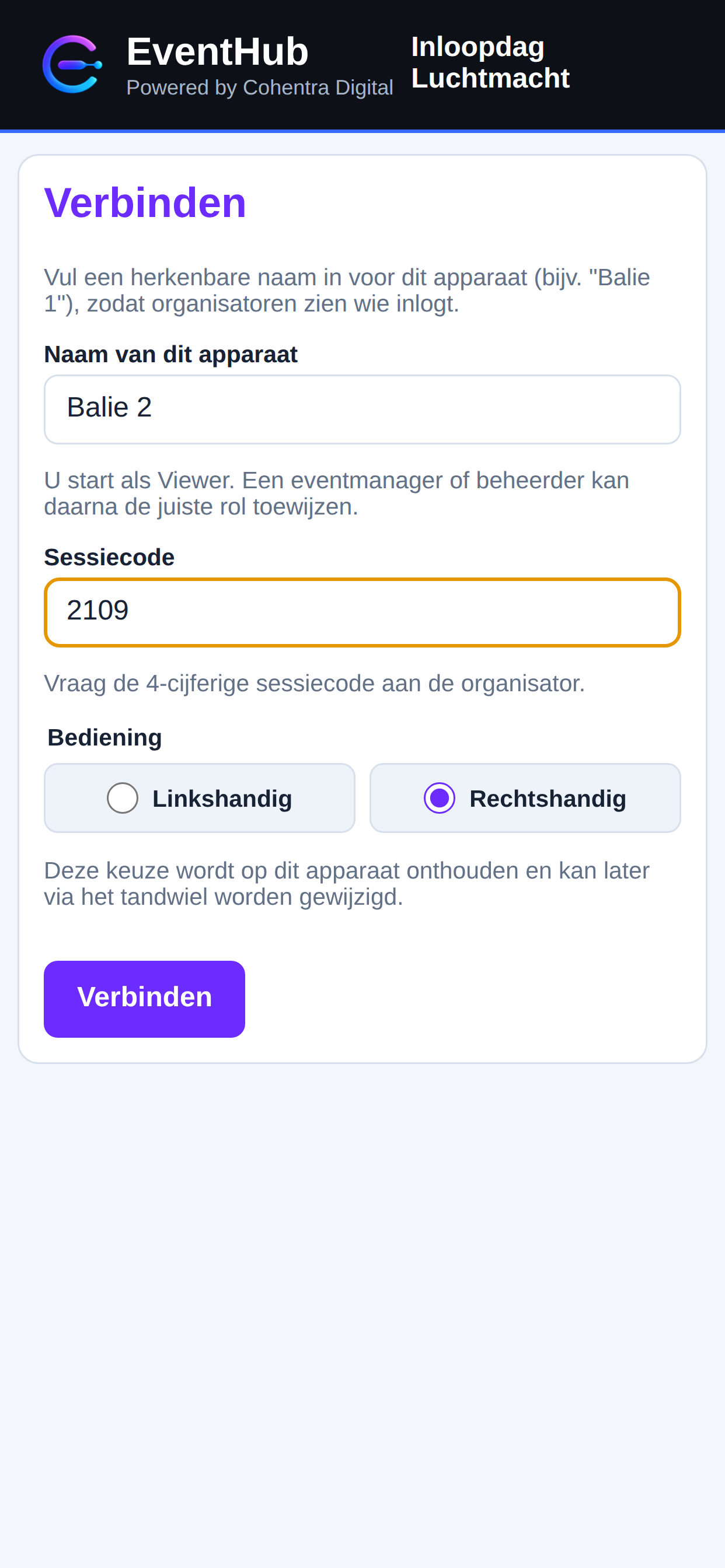 Mobiel scherm om een apparaat met een EventHub-livesessie te verbinden